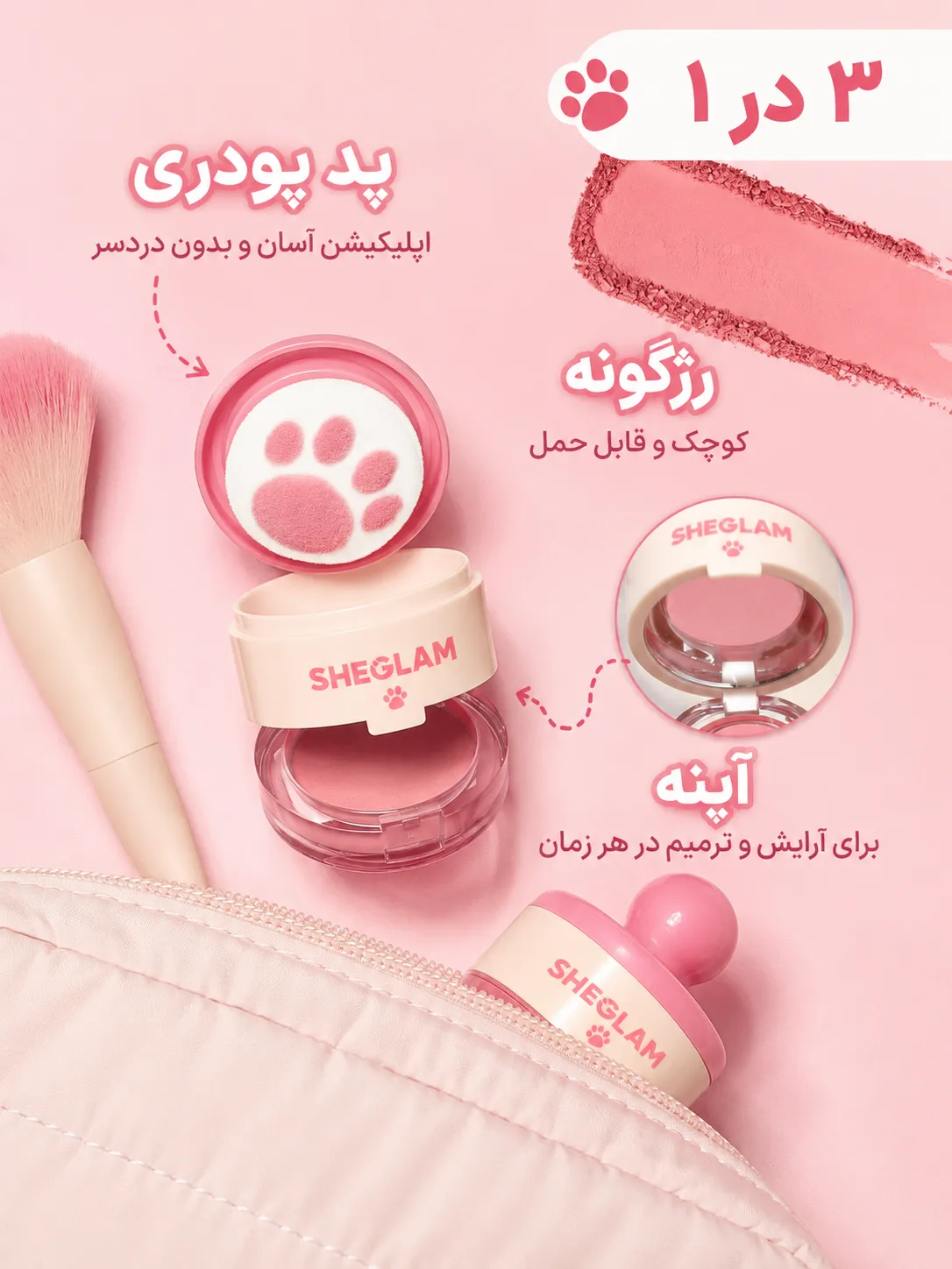 رژگونه استامپی پنجه گربه شیگلم کنار براش و آینه، با نمایش پد پنجه‌ای و بسته‌بندی باز